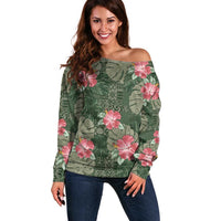 Hawaii Off Shoulder Sweater Green Polynesian Monstera Patterns DT05 Women Green - Polynesian Pride