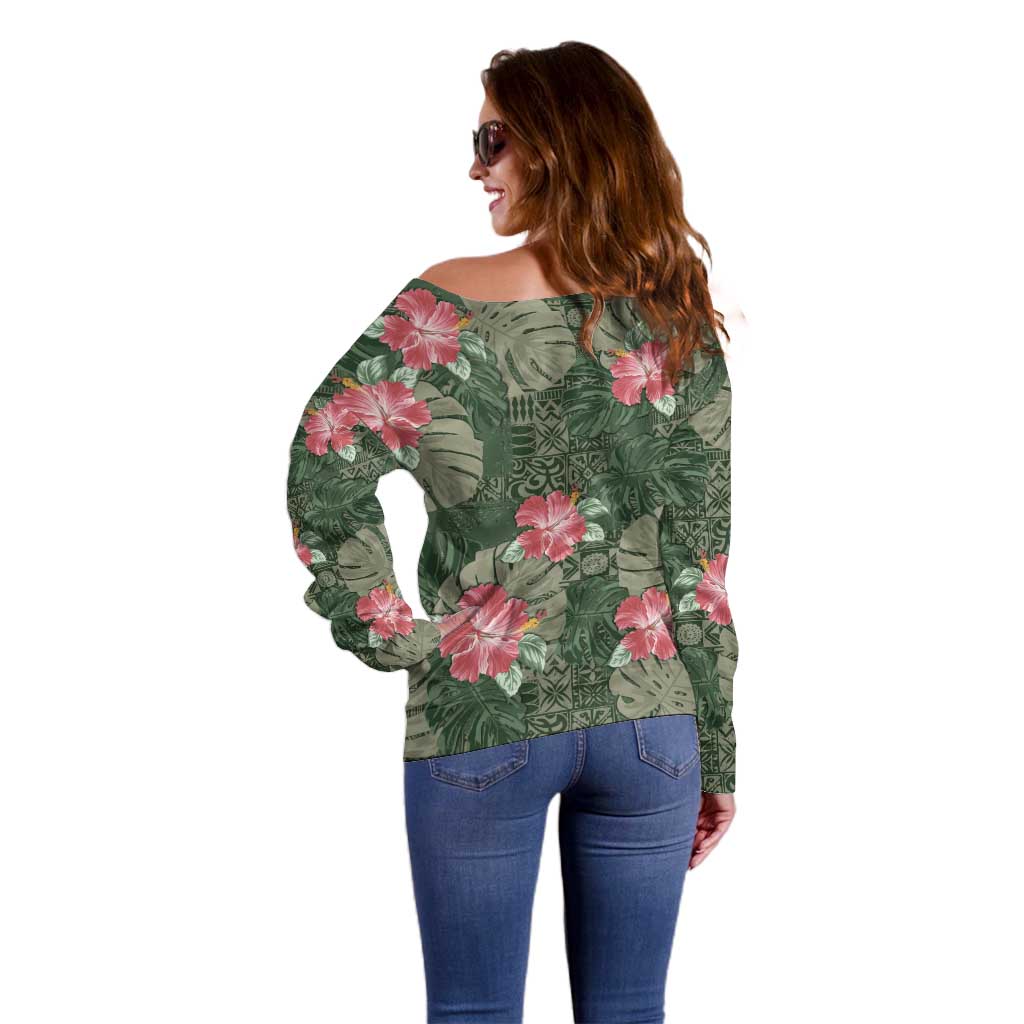 Hawaii Off Shoulder Sweater Green Polynesian Monstera Patterns DT05 - Polynesian Pride