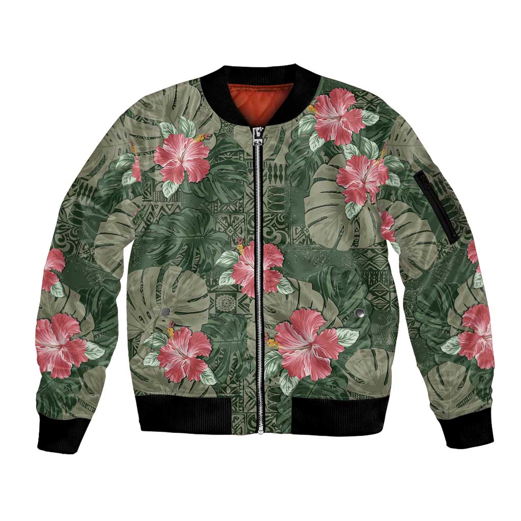 Hawaii Sleeve Zip Bomber Jacket Green Polynesian Monstera Patterns DT05 Unisex Green - Polynesian Pride