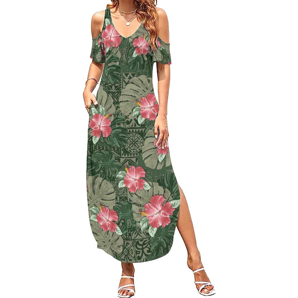 Hawaii Summer Maxi Dress Green Polynesian Monstera Patterns DT05 Women Green - Polynesian Pride