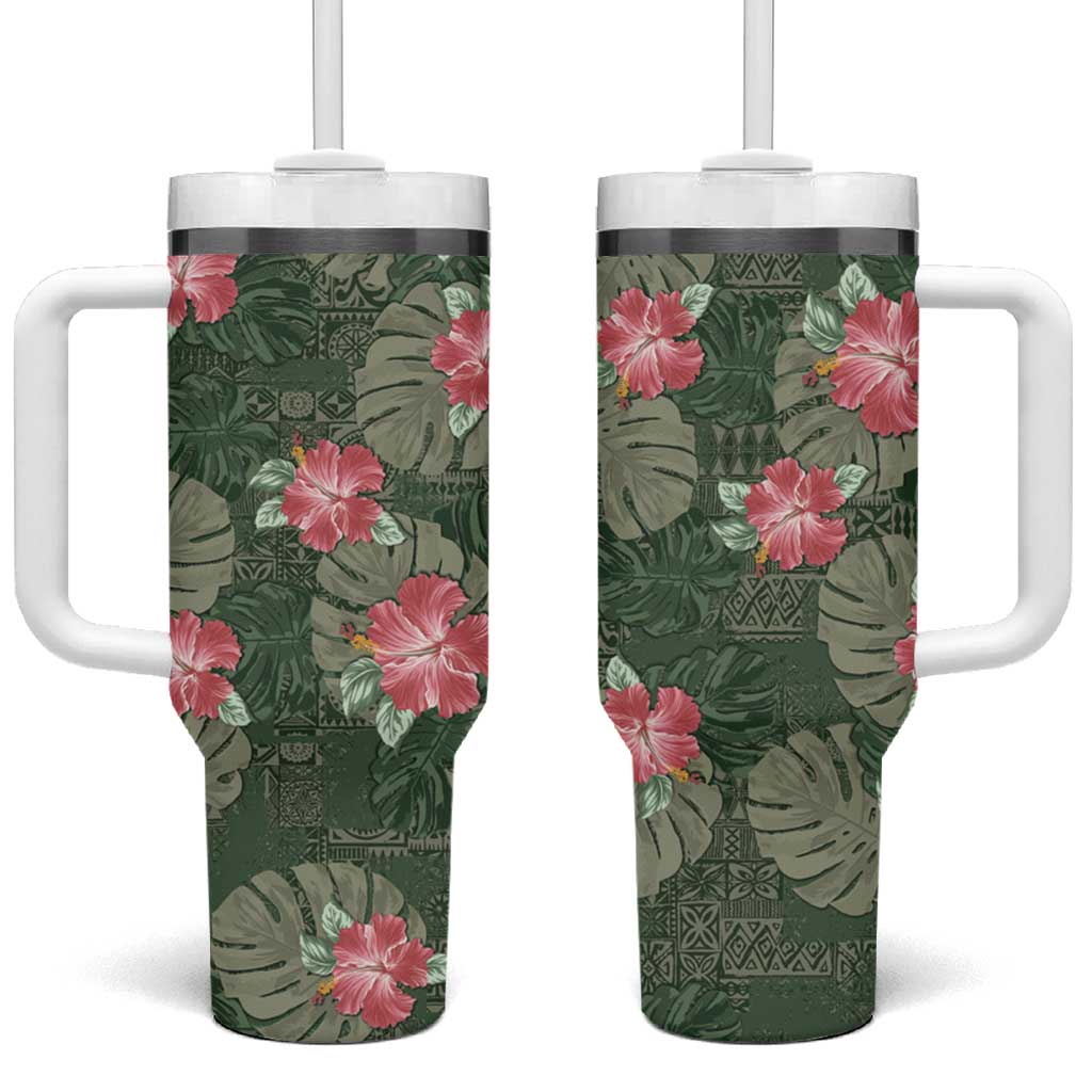Hawaii Tumbler With Handle Green Polynesian Monstera Patterns DT05 One Size: 40 oz Green - Polynesian Pride