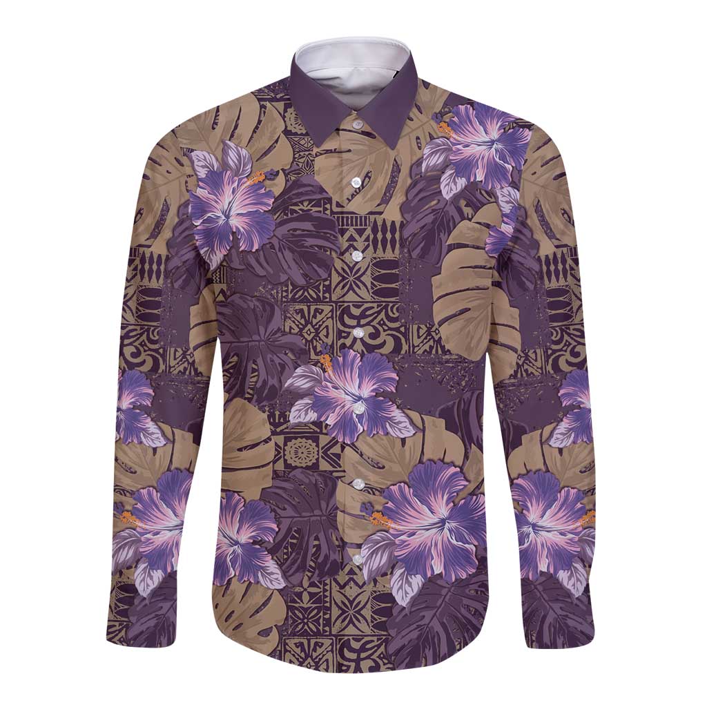 Hawaii Long Sleeve Button Shirt Purple Polynesian Monstera Patterns DT05 Unisex Purple - Polynesian Pride