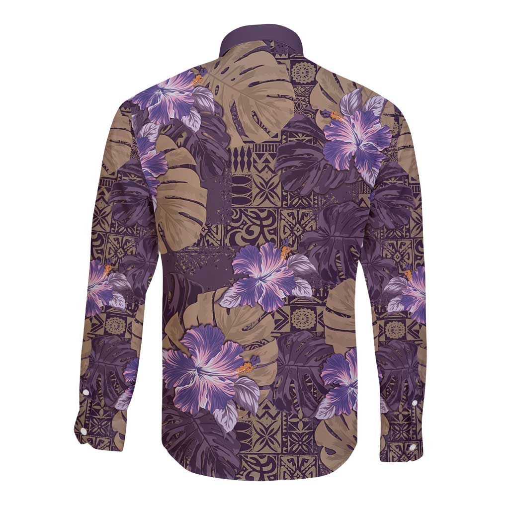 Hawaii Long Sleeve Button Shirt Purple Polynesian Monstera Patterns DT05 - Polynesian Pride