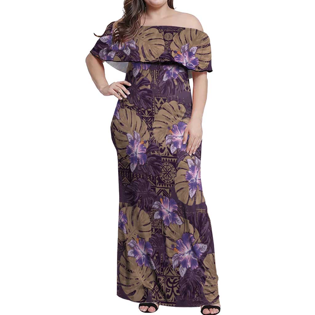Hawaii Off Shoulder Maxi Dress Purple Polynesian Monstera Patterns DT05 Women Purple - Polynesian Pride