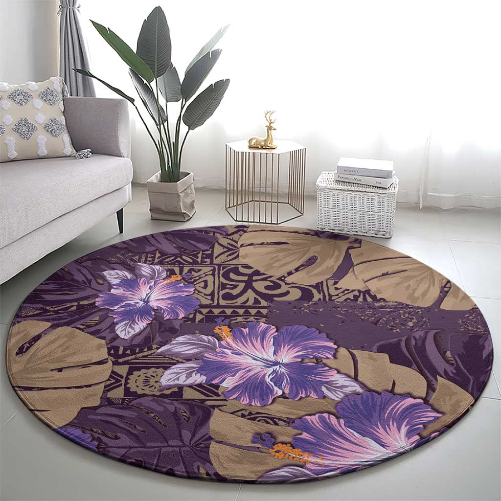 Hawaii Round Carpet Purple Polynesian Monstera Patterns DT05 - Polynesian Pride
