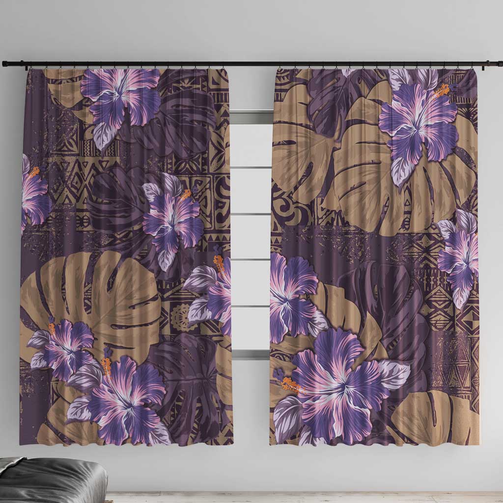 Hawaii Window Curtain Purple Polynesian Monstera Patterns DT05 With Hooks Purple - Polynesian Pride