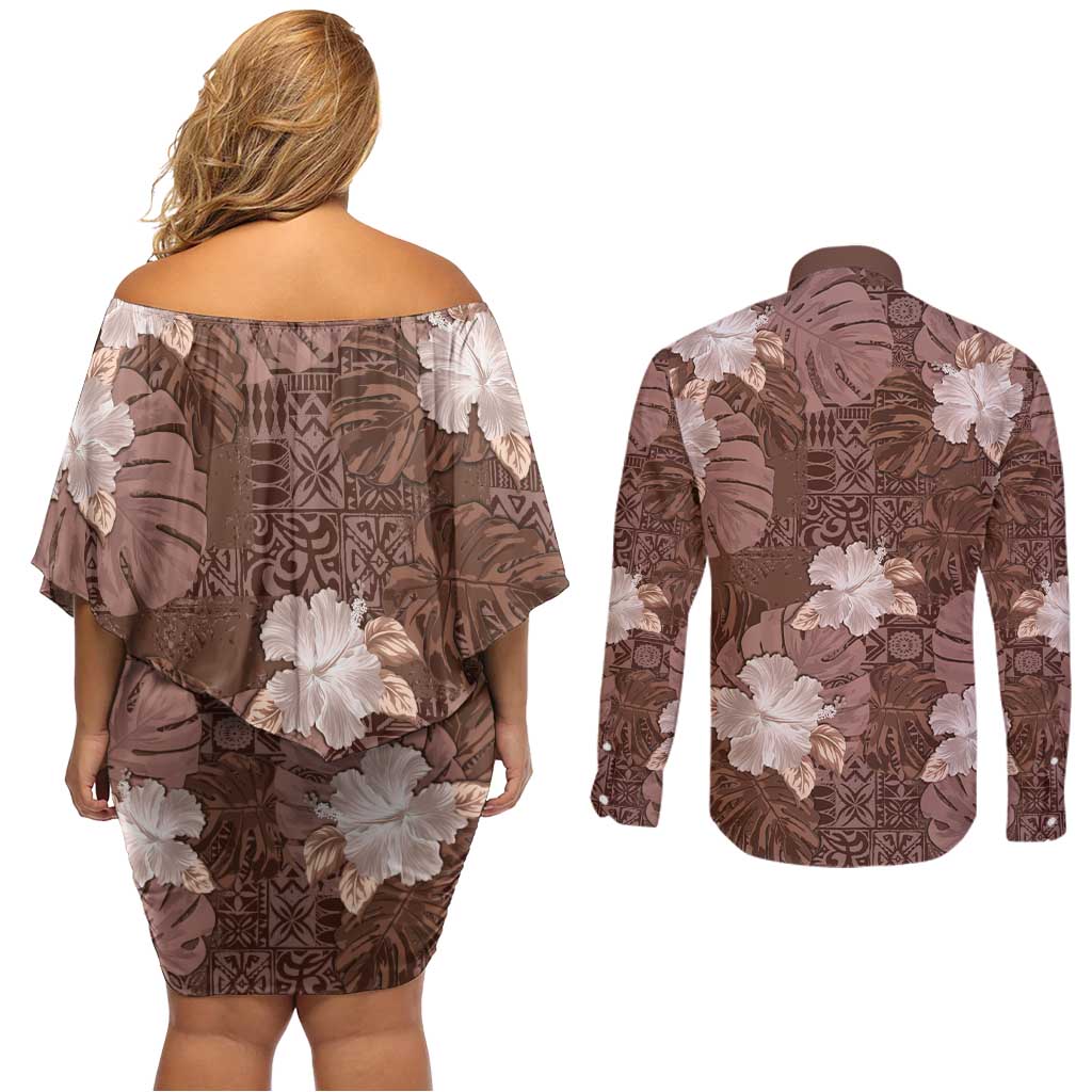 Hawaii Couples Matching Off Shoulder Short Dress and Long Sleeve Button Shirt Brown Polynesian Monstera Patterns DT05 - Polynesian Pride