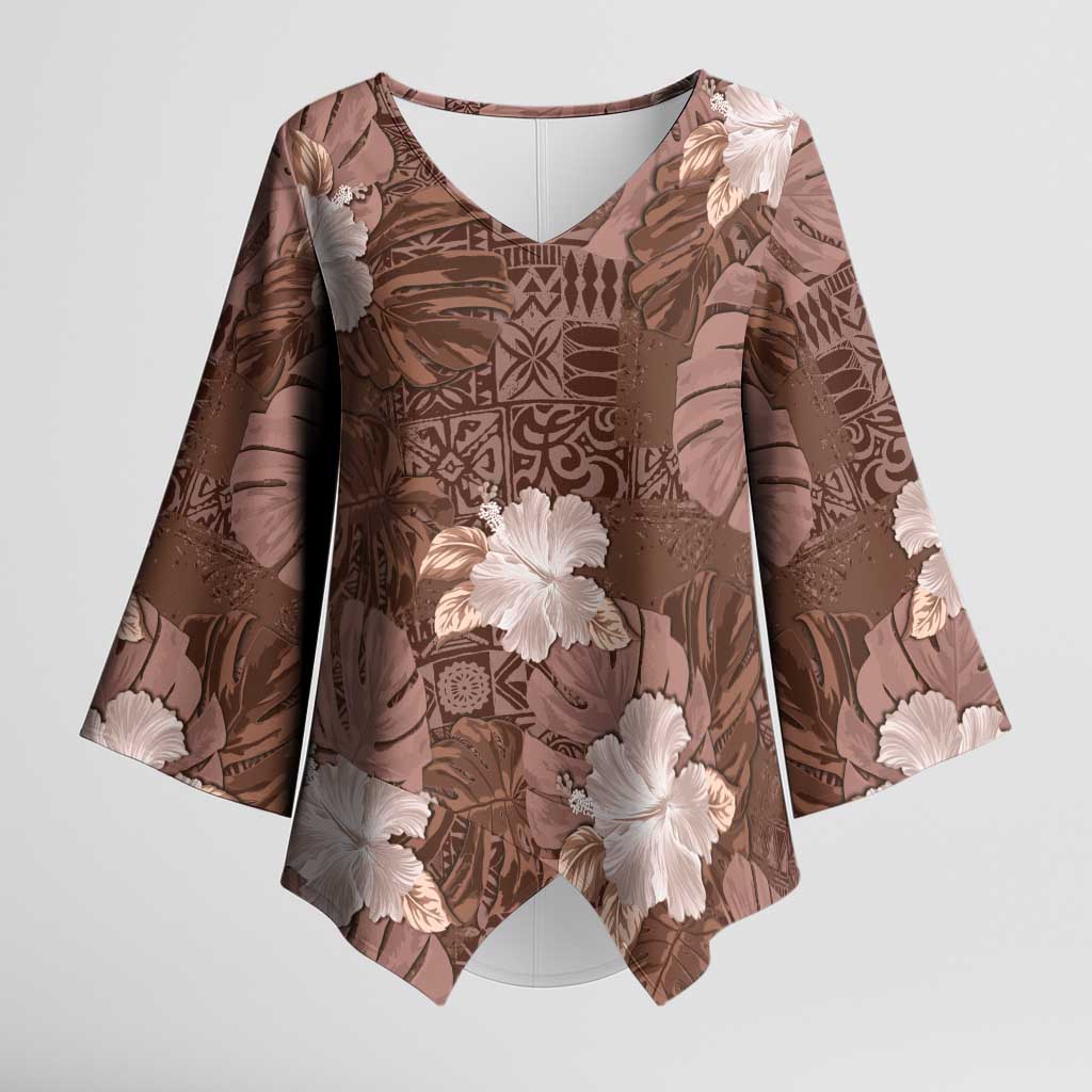 Hawaii Kimono Sleeve Blouse Brown Polynesian Monstera Patterns DT05 Female Brown - Polynesian Pride