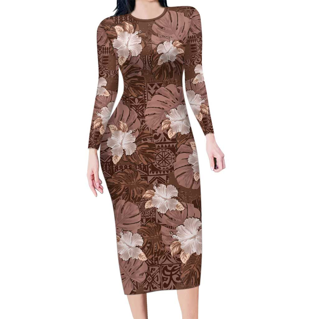 Hawaii Long Sleeve Bodycon Dress Brown Polynesian Monstera Patterns DT05 Long Dress Brown - Polynesian Pride