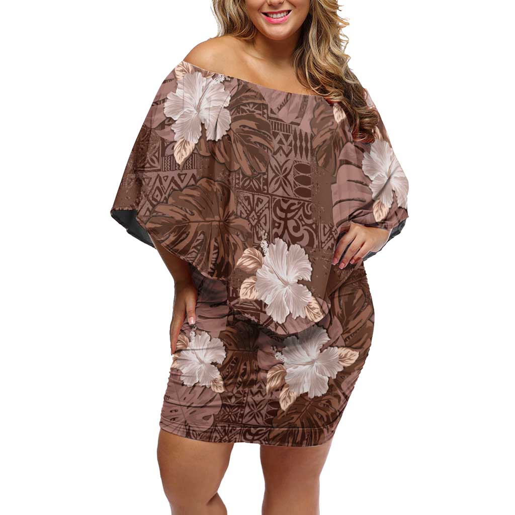 Hawaii Off Shoulder Short Dress Brown Polynesian Monstera Patterns DT05 Women Brown - Polynesian Pride