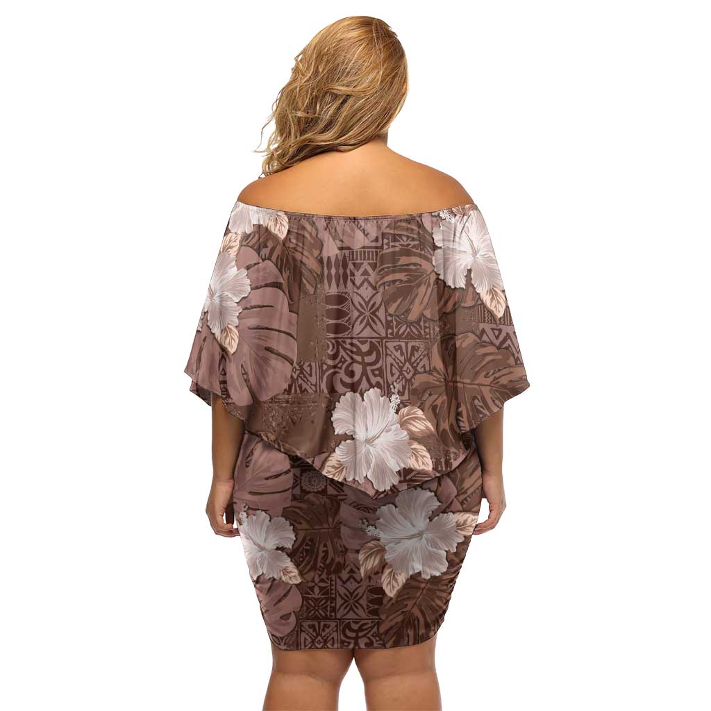 Hawaii Off Shoulder Short Dress Brown Polynesian Monstera Patterns DT05 - Polynesian Pride