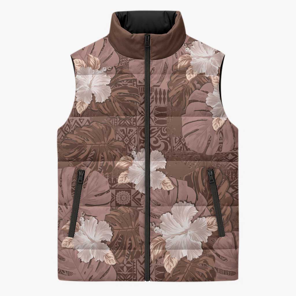 Hawaii Sleeveless Puffer Jacket Brown Polynesian Monstera Patterns DT05 Unisex Brown - Polynesian Pride