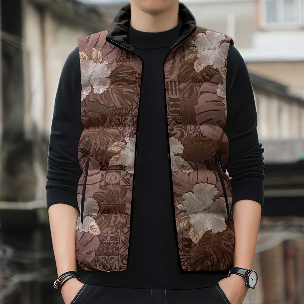 Hawaii Sleeveless Puffer Jacket Brown Polynesian Monstera Patterns DT05 - Polynesian Pride