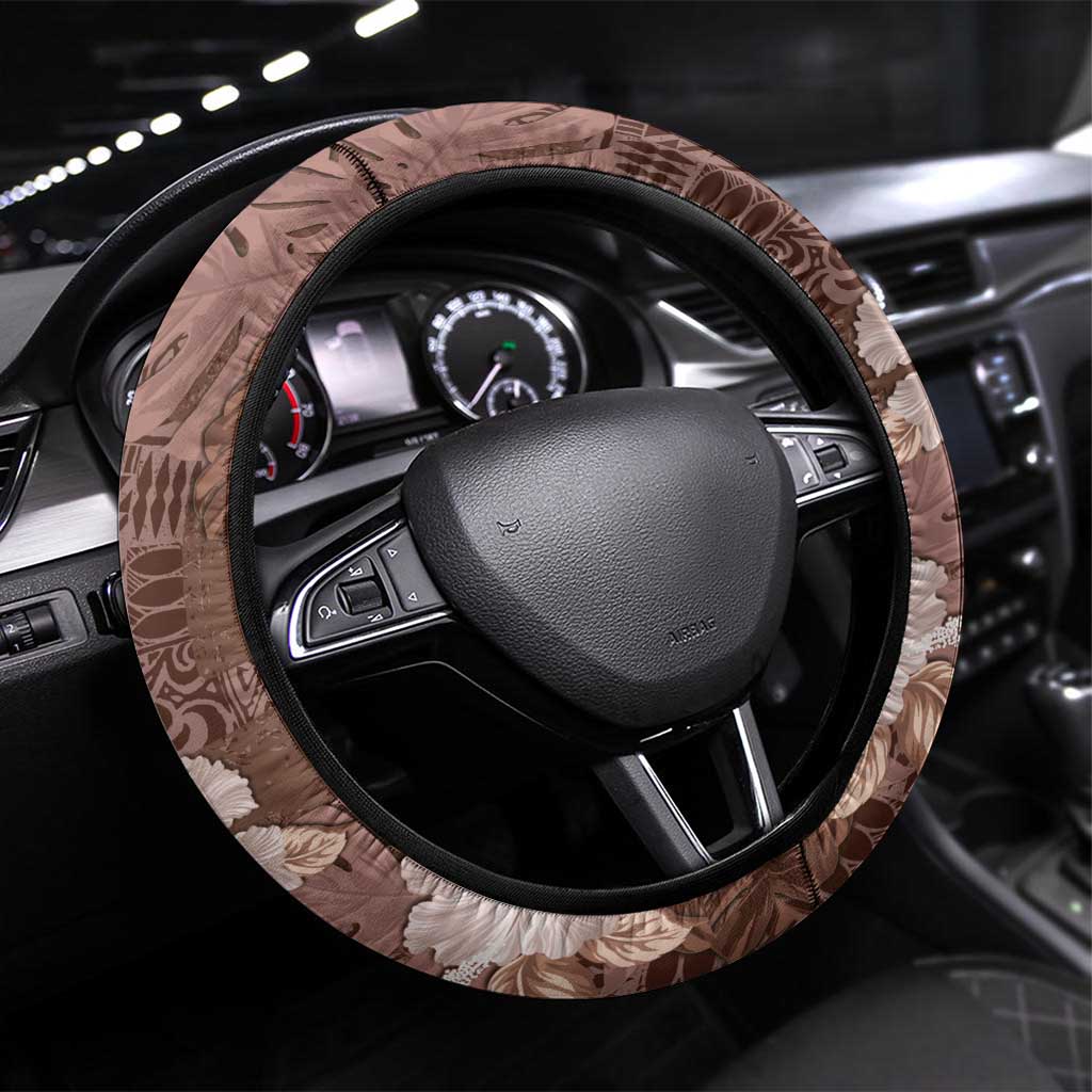 Hawaii Steering Wheel Cover Brown Polynesian Monstera Patterns DT05 Universal Fit Brown - Polynesian Pride
