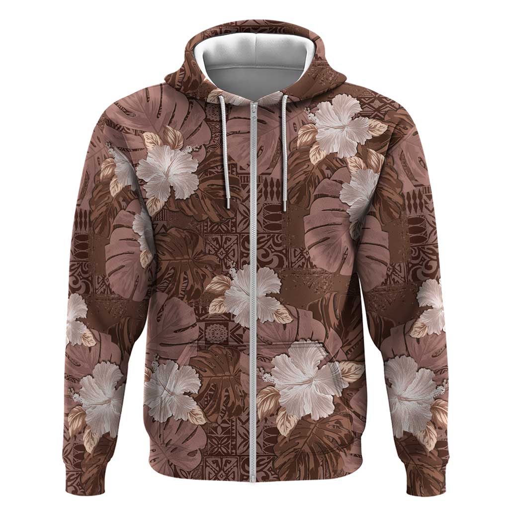 Hawaii Zip Hoodie Brown Polynesian Monstera Patterns DT05 Zip Hoodie Brown - Polynesian Pride