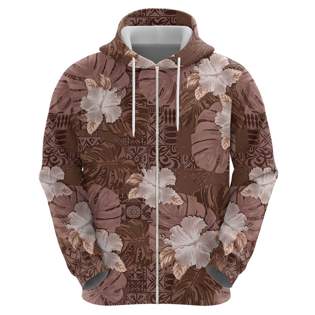 Hawaii Zip Hoodie Brown Polynesian Monstera Patterns DT05 - Polynesian Pride