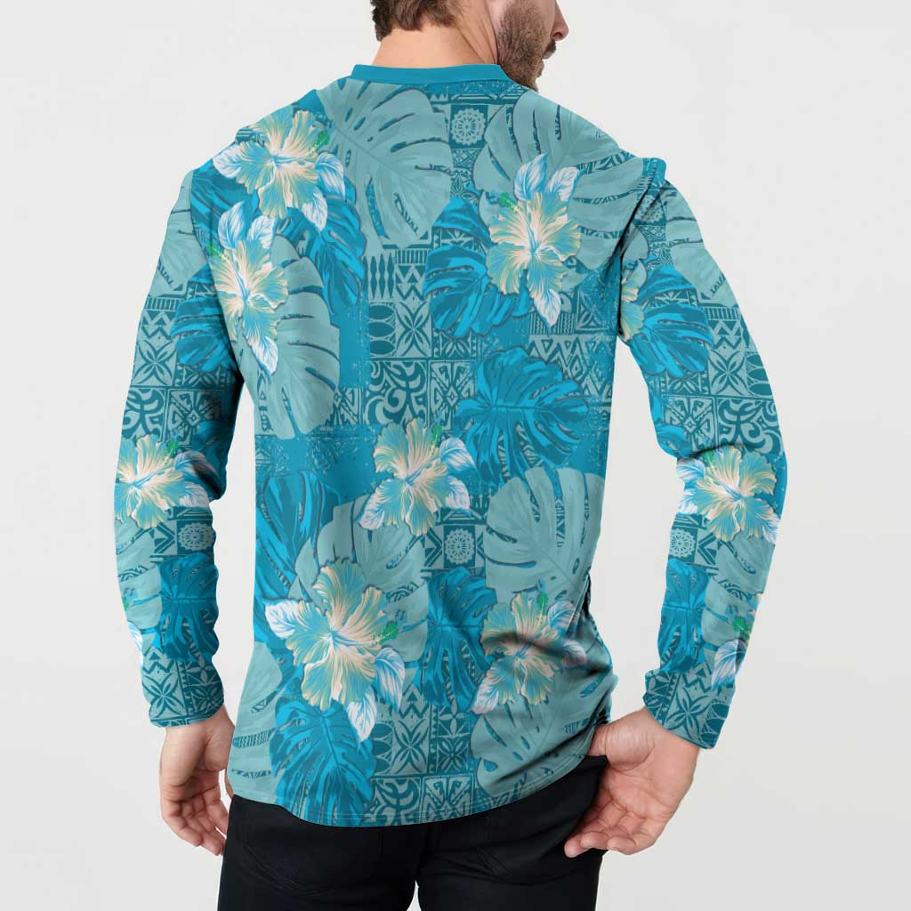 Hawaii Button Sweatshirt Teal Polynesian Monstera Patterns DT05 - Polynesian Pride