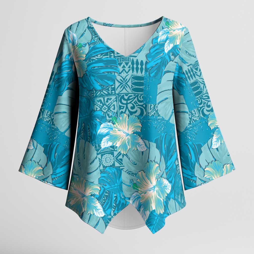 Hawaii Kimono Sleeve Blouse Teal Polynesian Monstera Patterns DT05 Female Teal - Polynesian Pride