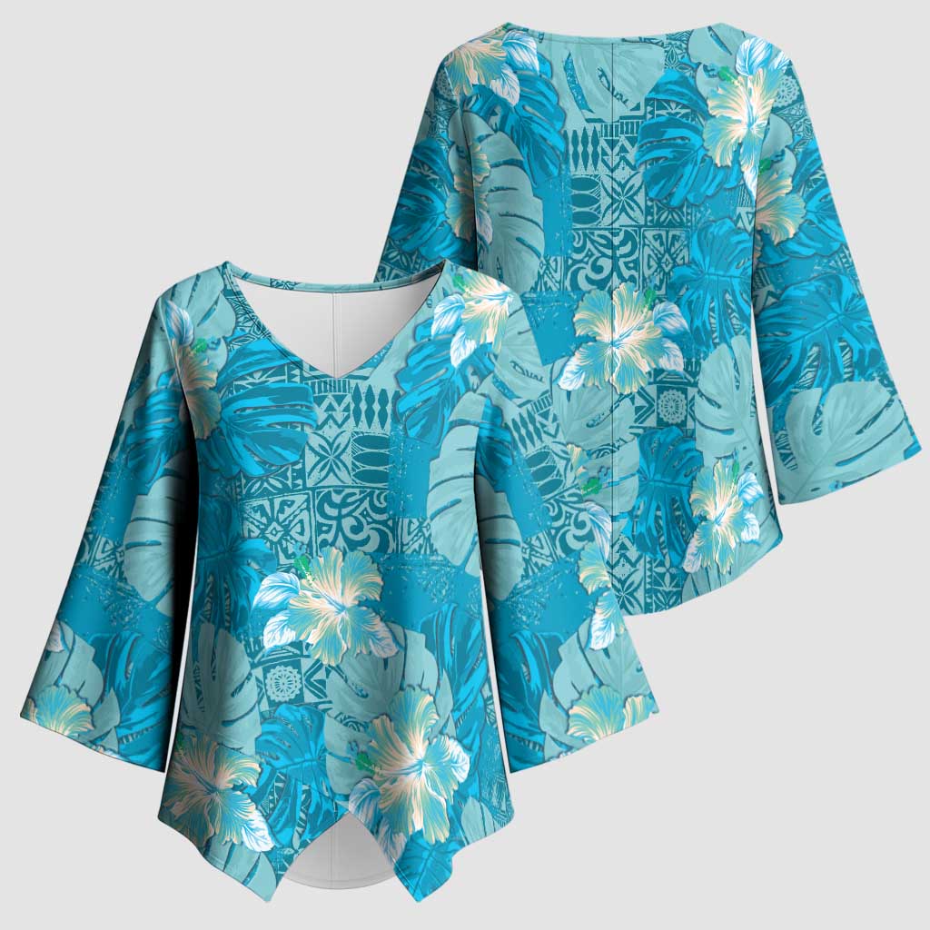 Hawaii Kimono Sleeve Blouse Teal Polynesian Monstera Patterns DT05 - Polynesian Pride