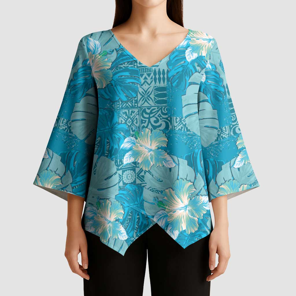 Hawaii Kimono Sleeve Blouse Teal Polynesian Monstera Patterns DT05 - Polynesian Pride