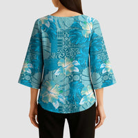 Hawaii Kimono Sleeve Blouse Teal Polynesian Monstera Patterns DT05 - Polynesian Pride
