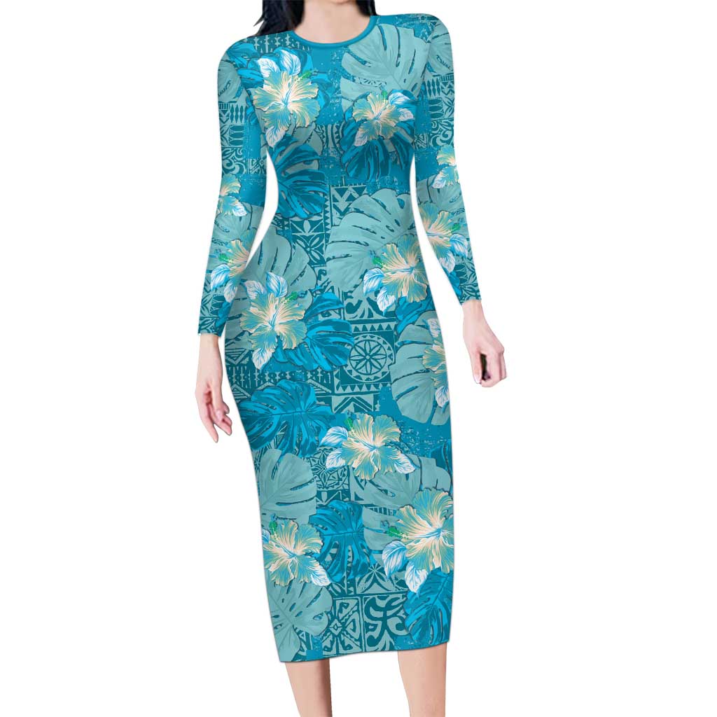 Hawaii Long Sleeve Bodycon Dress Teal Polynesian Monstera Patterns DT05 Long Dress Teal - Polynesian Pride