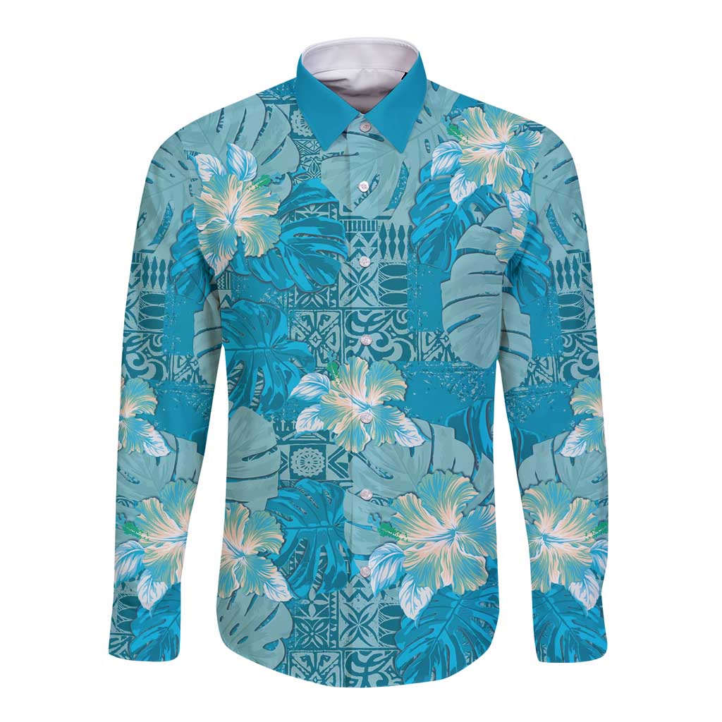 Hawaii Long Sleeve Button Shirt Teal Polynesian Monstera Patterns DT05 Unisex Teal - Polynesian Pride
