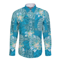 Hawaii Long Sleeve Button Shirt Teal Polynesian Monstera Patterns DT05 Unisex Teal - Polynesian Pride