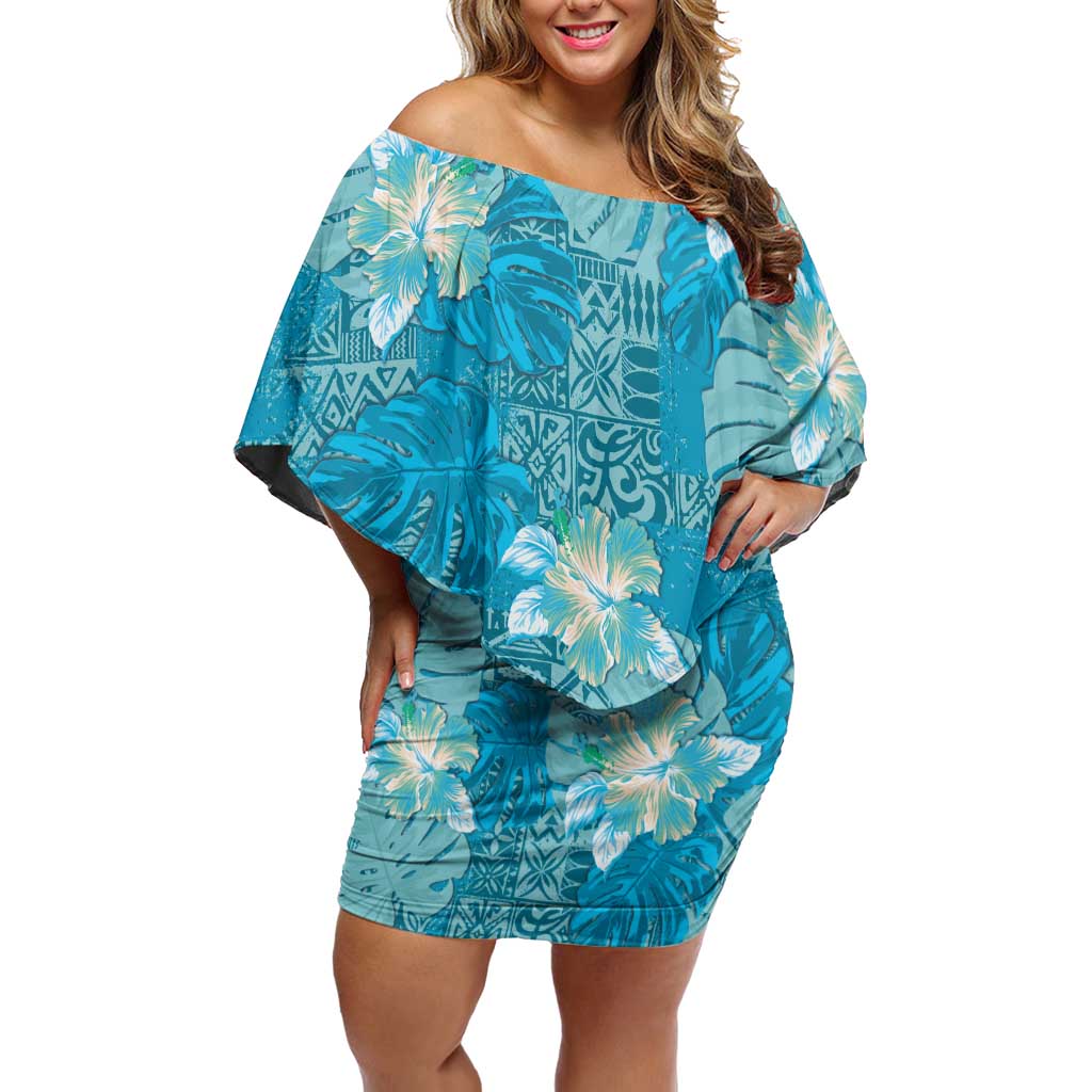 Hawaii Off Shoulder Short Dress Teal Polynesian Monstera Patterns DT05 Women Teal - Polynesian Pride