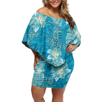 Hawaii Off Shoulder Short Dress Teal Polynesian Monstera Patterns DT05 Women Teal - Polynesian Pride