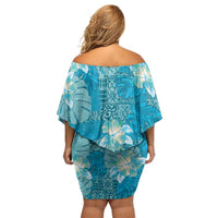 Hawaii Off Shoulder Short Dress Teal Polynesian Monstera Patterns DT05 - Polynesian Pride