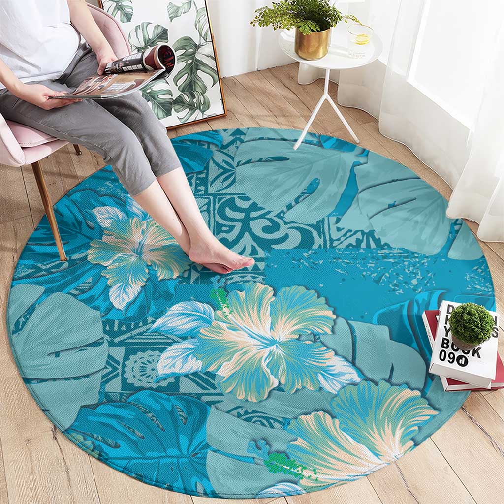Hawaii Round Carpet Teal Polynesian Monstera Patterns DT05 - Polynesian Pride