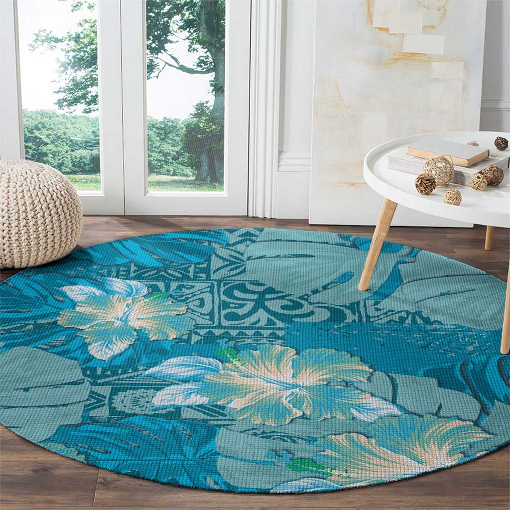 Hawaii Round Carpet Teal Polynesian Monstera Patterns DT05 - Polynesian Pride