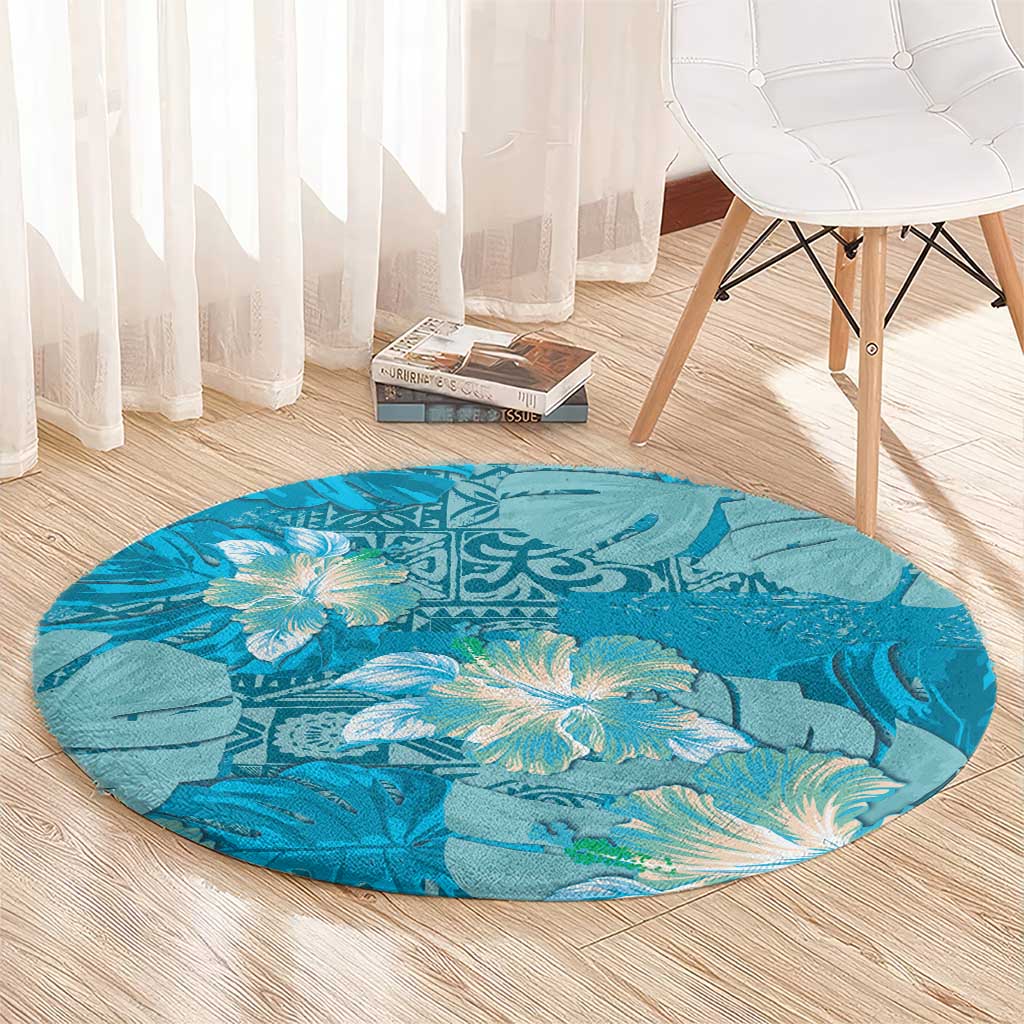 Hawaii Round Carpet Teal Polynesian Monstera Patterns DT05 - Polynesian Pride