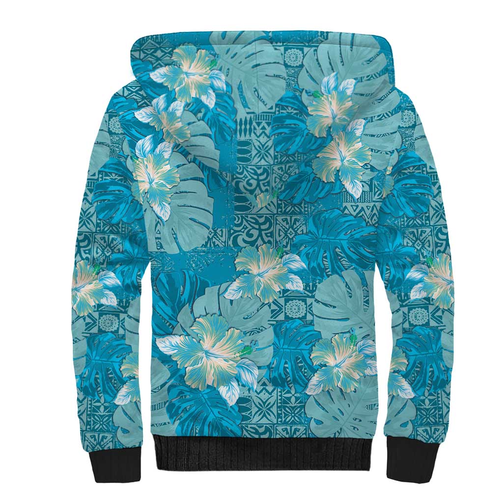 Hawaii Sherpa Hoodie Teal Polynesian Monstera Patterns DT05 - Polynesian Pride