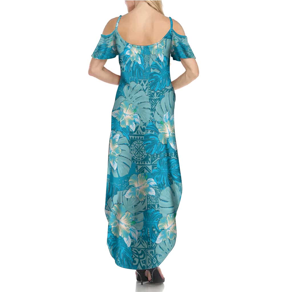 Hawaii Summer Maxi Dress Teal Polynesian Monstera Patterns DT05 - Polynesian Pride