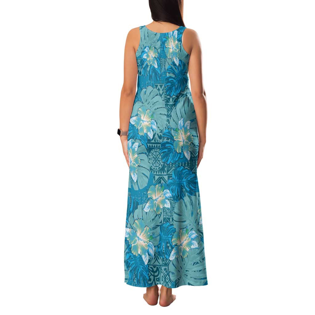 Hawaii Tank Maxi Dress Teal Polynesian Monstera Patterns DT05 - Polynesian Pride