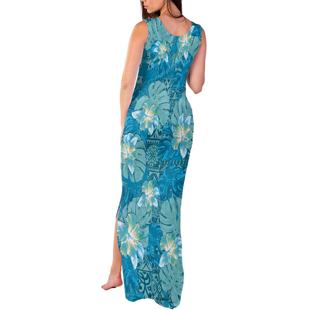 Hawaii Tank Maxi Dress Teal Polynesian Monstera Patterns DT05 - Polynesian Pride