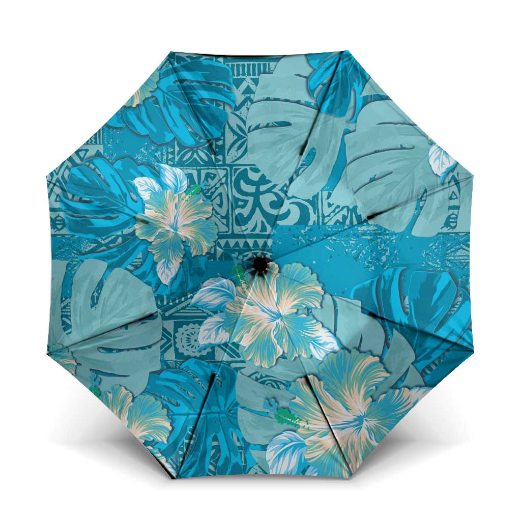Hawaii Umbrella Teal Polynesian Monstera Patterns DT05 One Size Folded 11.42 inch Opened Diameter 37.4 inch Teal - Polynesian Pride