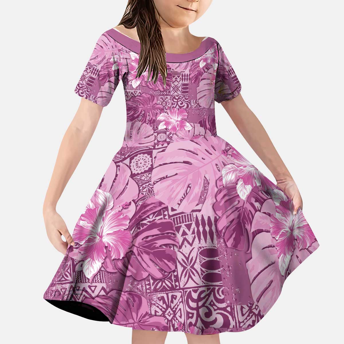 Hawaii Kid Short Sleeve Dress Magenta Polynesian Monstera Patterns DT05 KID Magenta - Polynesian Pride