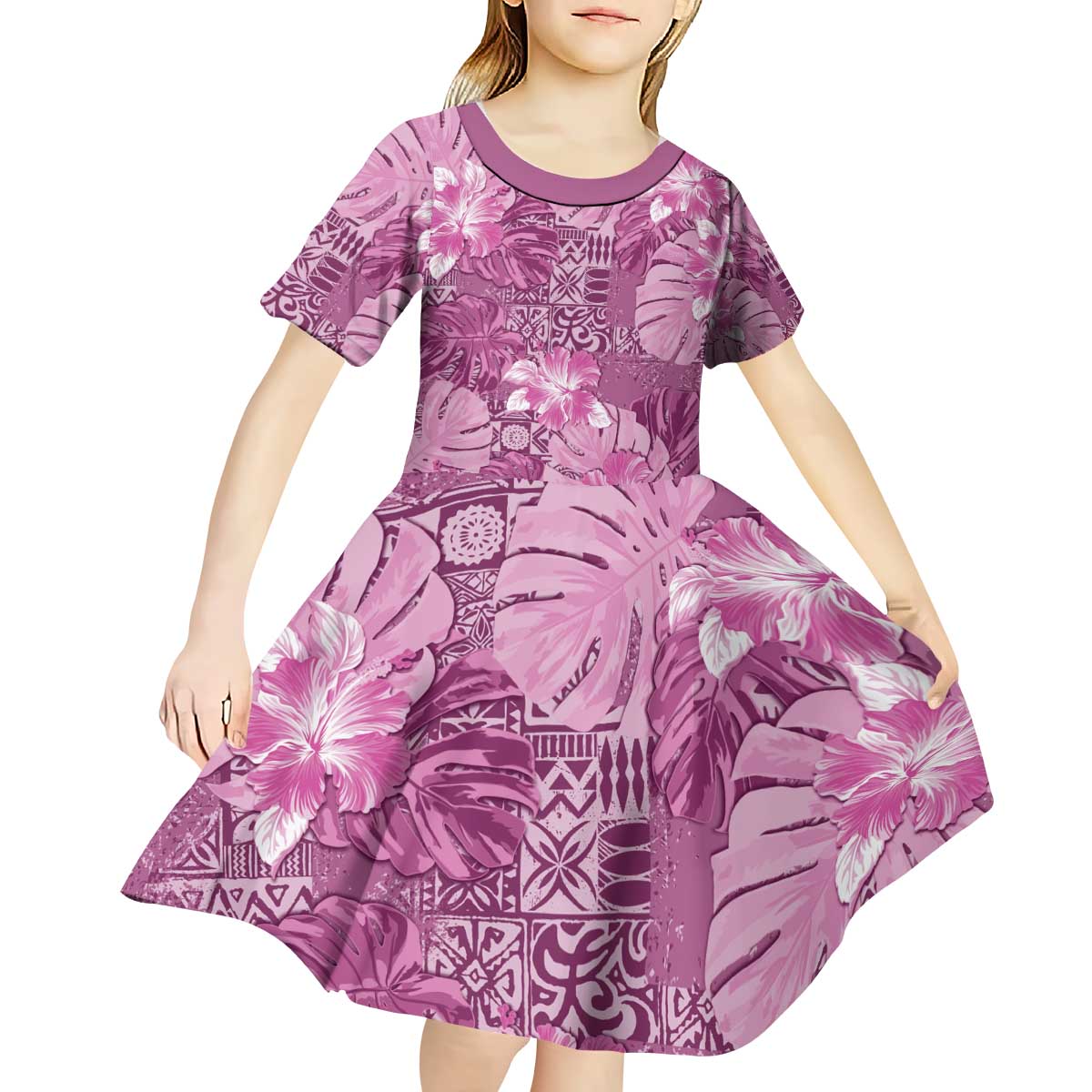 Hawaii Kid Short Sleeve Dress Magenta Polynesian Monstera Patterns DT05 - Polynesian Pride