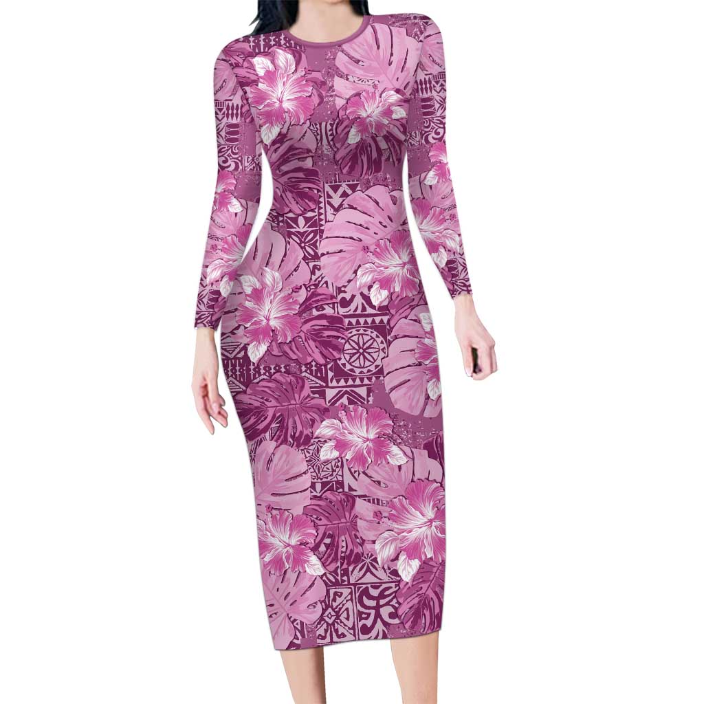 Hawaii Long Sleeve Bodycon Dress Magenta Polynesian Monstera Patterns DT05 Long Dress Magenta - Polynesian Pride