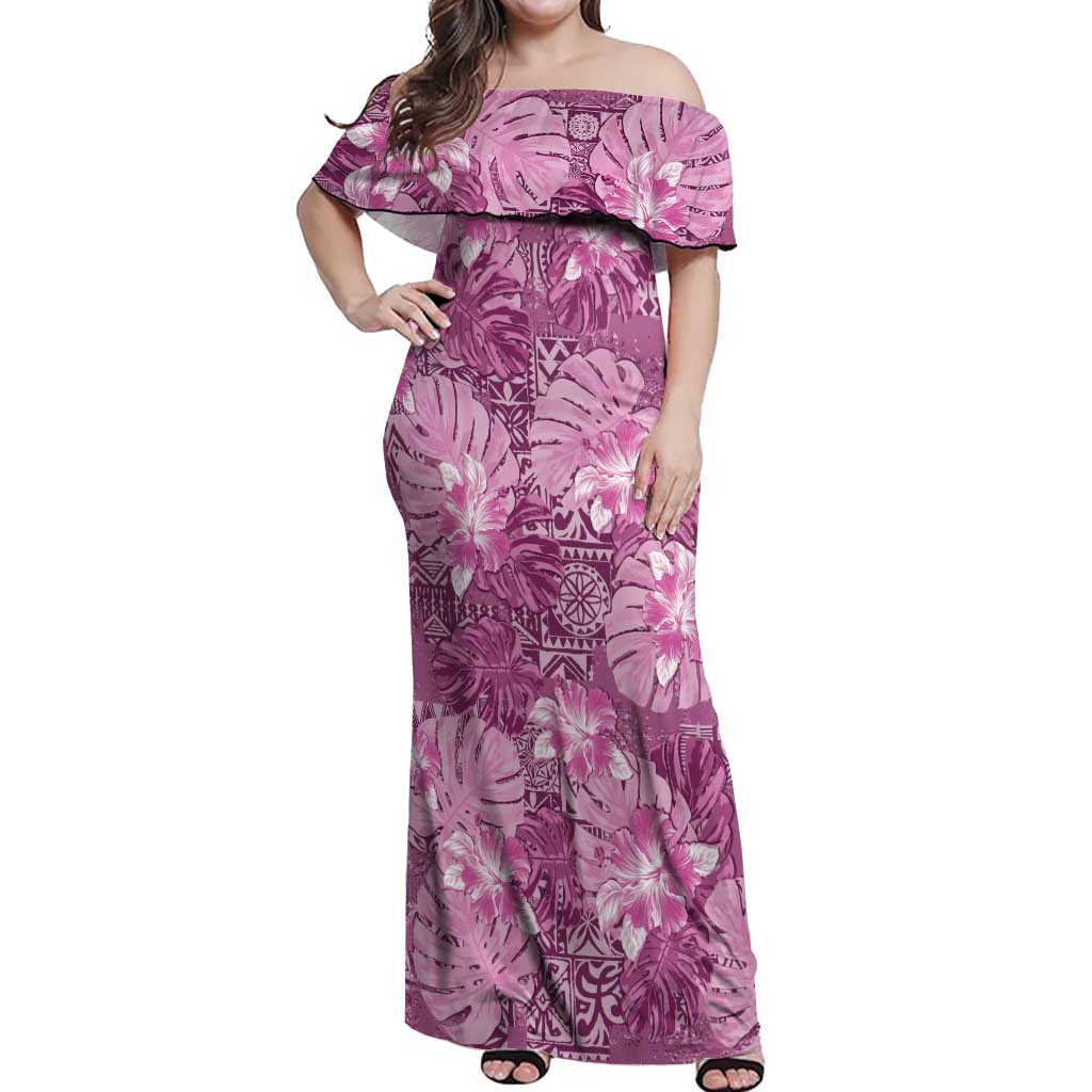 Hawaii Off Shoulder Maxi Dress Magenta Polynesian Monstera Patterns DT05 Women Magenta - Polynesian Pride