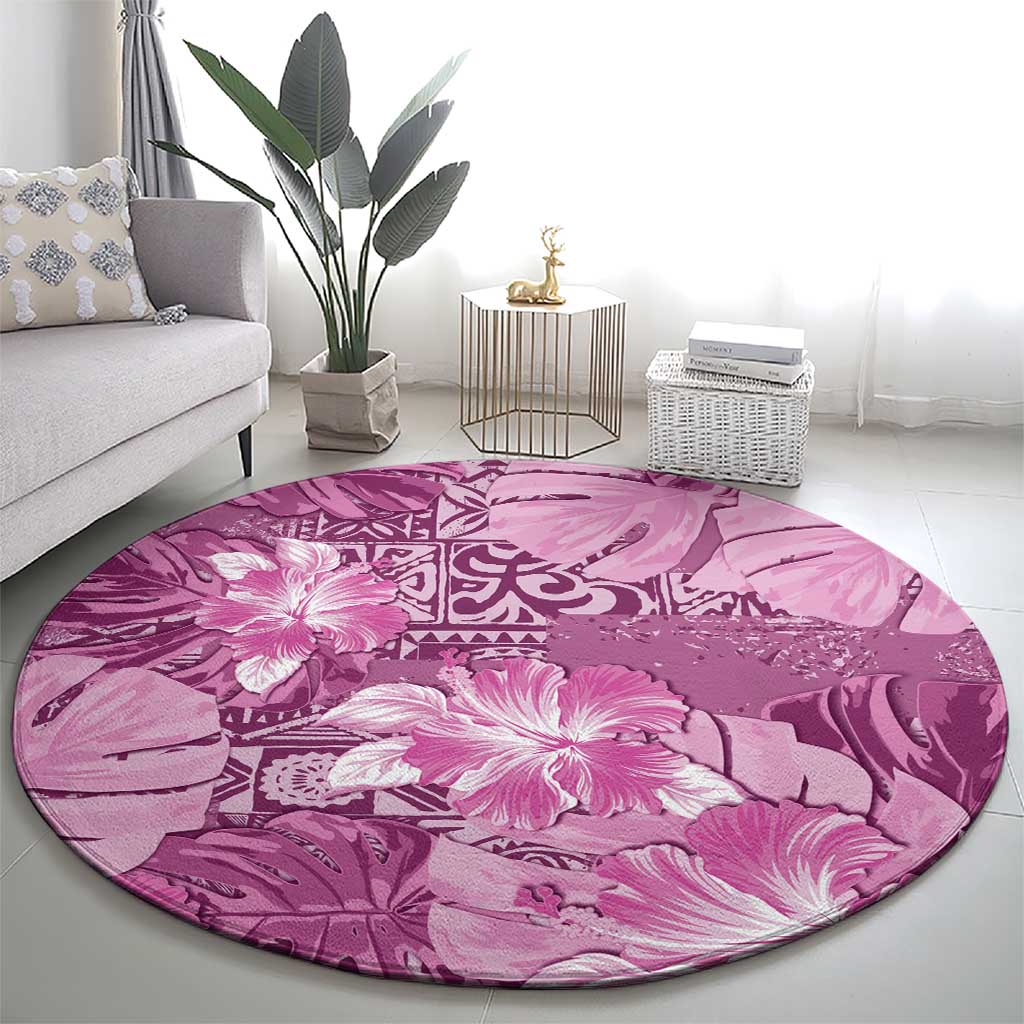 Hawaii Round Carpet Magenta Polynesian Monstera Patterns DT05 - Polynesian Pride