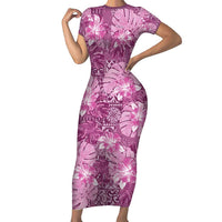Hawaii Short Sleeve Bodycon Dress Magenta Polynesian Monstera Patterns DT05 Long Dress Magenta - Polynesian Pride