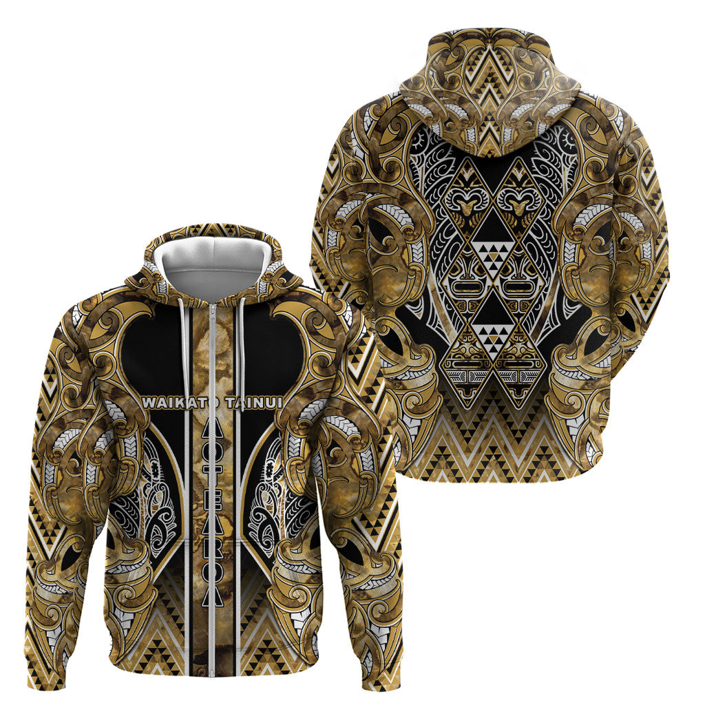 Aotearoa Waikato Tainui Zip Hoodie Maori Light Gold Tribal Paua Shell Pattern DT05 - Polynesian Pride