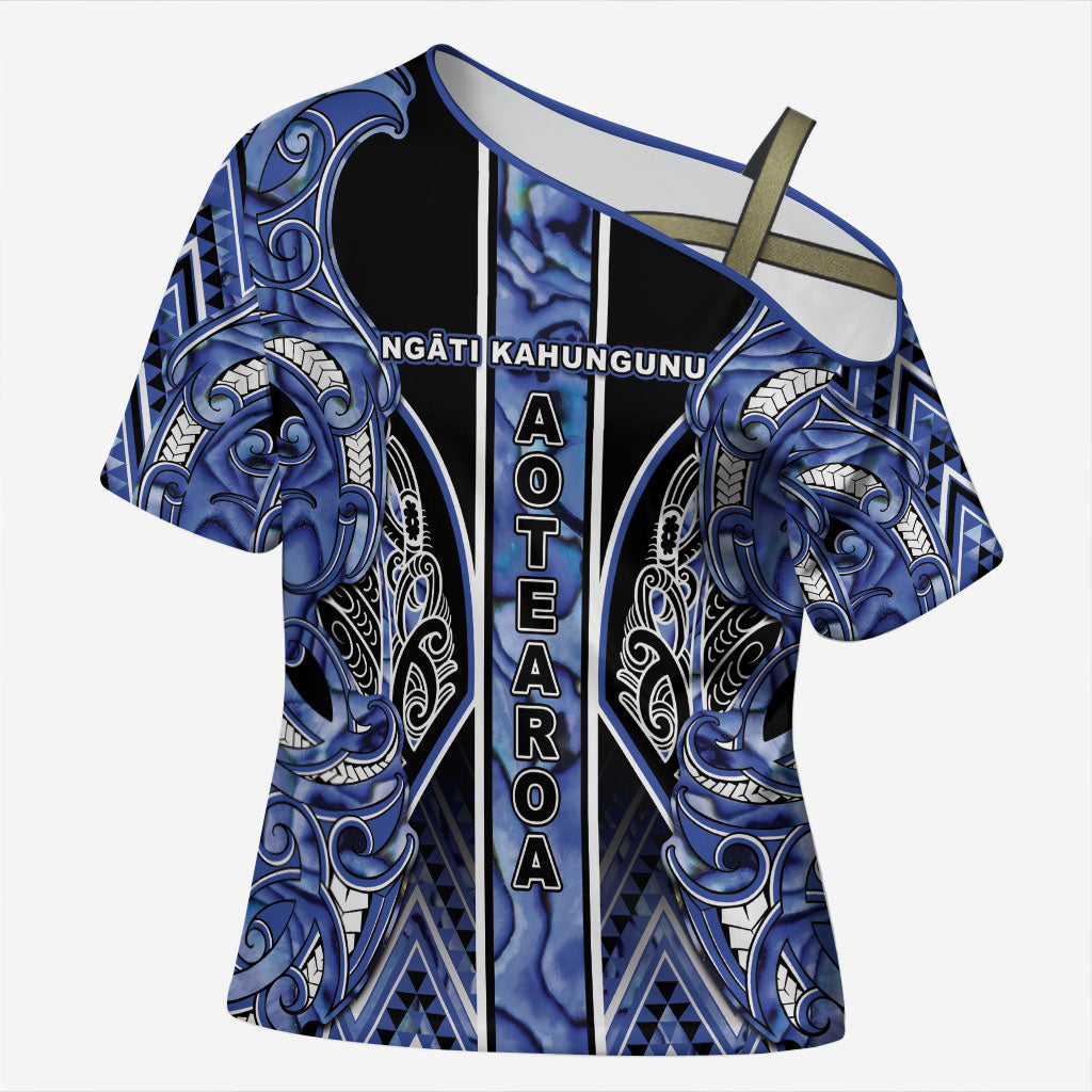Aotearoa Ngati Kahungunu Cross Shoulder Shirt Maori Tribal Blue Paua Shell Pattern DT05 Female Blue - Polynesian Pride