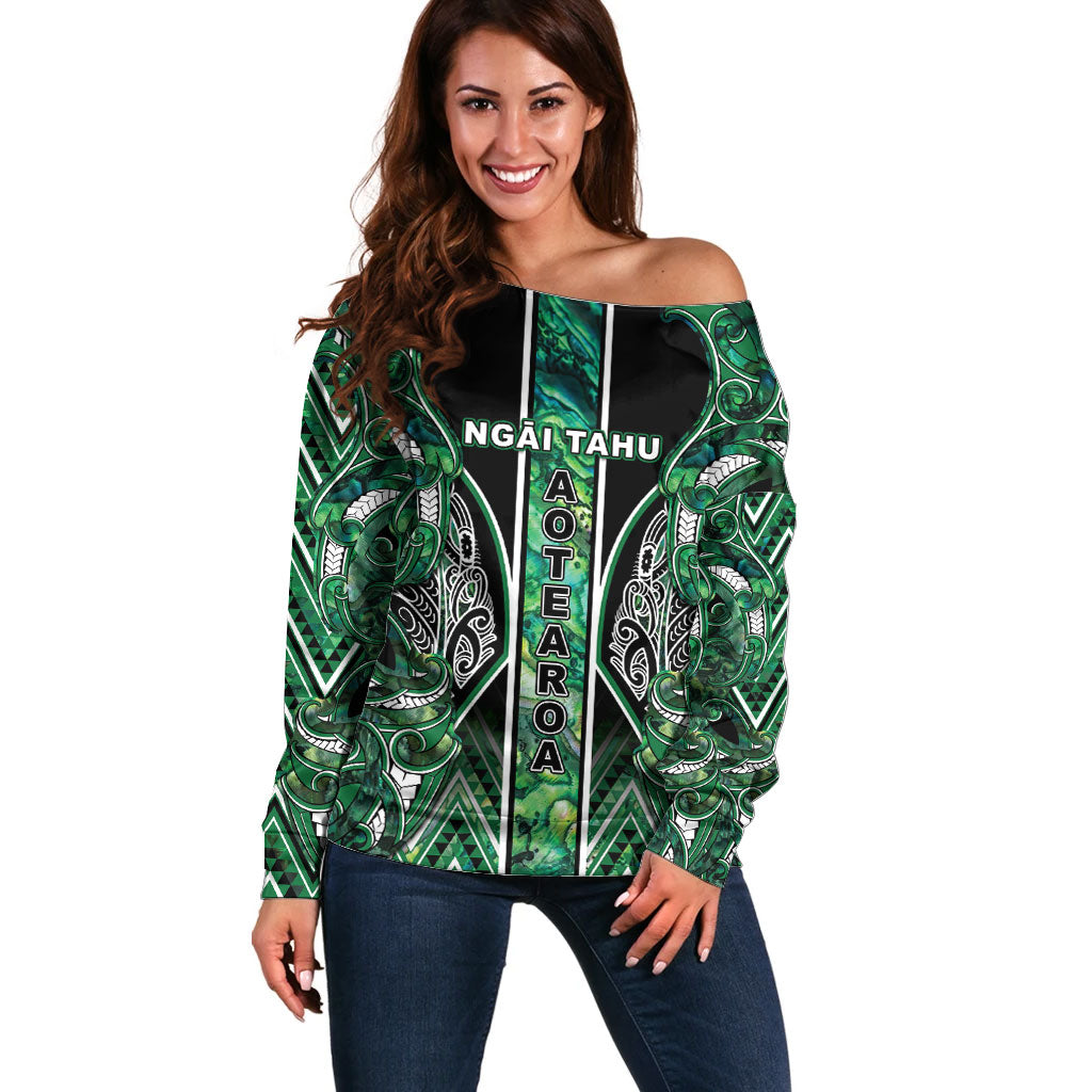 Aotearoa Ngai Tahu Off Shoulder Sweater Maori Tribal Dark Green Paua Shell Pattern DT05 Women Green - Polynesian Pride