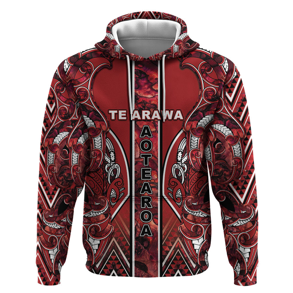 Aotearoa Te Arawa Hoodie Maori Tribal Dark Red Paua Shell Pattern DT05 Pullover Hoodie Red - Polynesian Pride