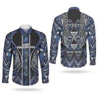 Aotearoa Tuwharetoa Couples Matching Off Shoulder Short Dress and Long Sleeve Button Shirt Maori Tribal Navy Paua Shell Pattern DT05 - Polynesian Pride